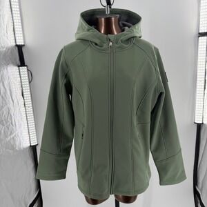 Bebe Sport Womens Softshell Hooded Jacket Sage Green Fleece Lined Full Zip L